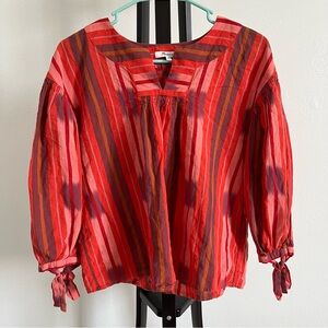 Madewell Red Ikat Stripe Puff Sleeve Top - Tie Cuff Blouse Size XS